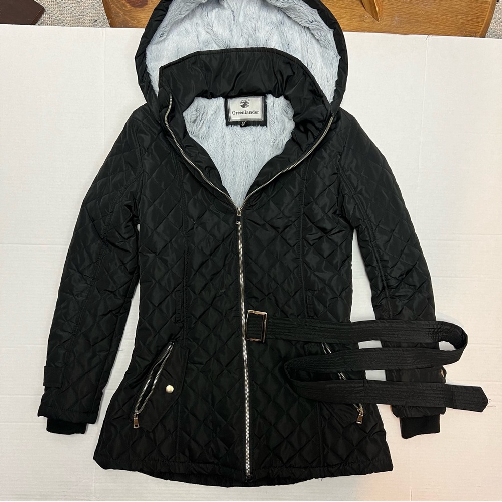 Greenlander Small Black Fleece Lined Hooded Quilted Zip Belted Coat Jacket